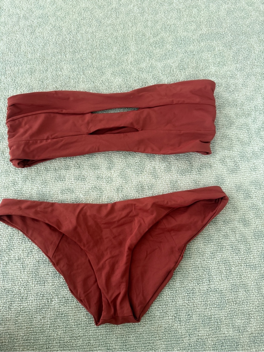 Boys + Arrows Strapless Cutout Bikini Set in Burgundy Red. Bottoms are S, top M.